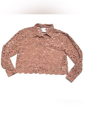 Joie eyelet lace button up blouse long sleeve scalloped hem size S